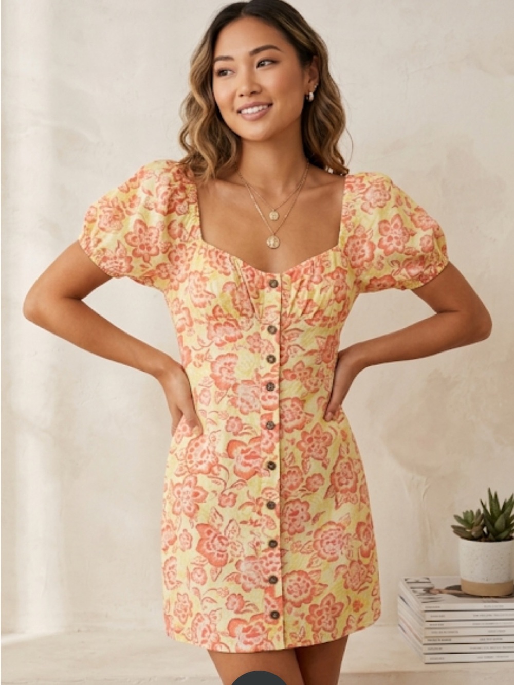 Yellow Floral Puff Sleeve Dress